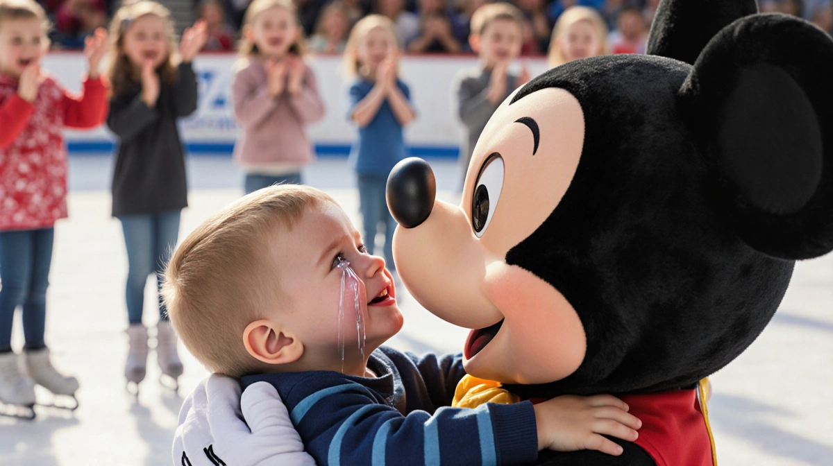 Little boy hugging Mickey Mouse at ice skating event with tears of joy and cheering kids behind