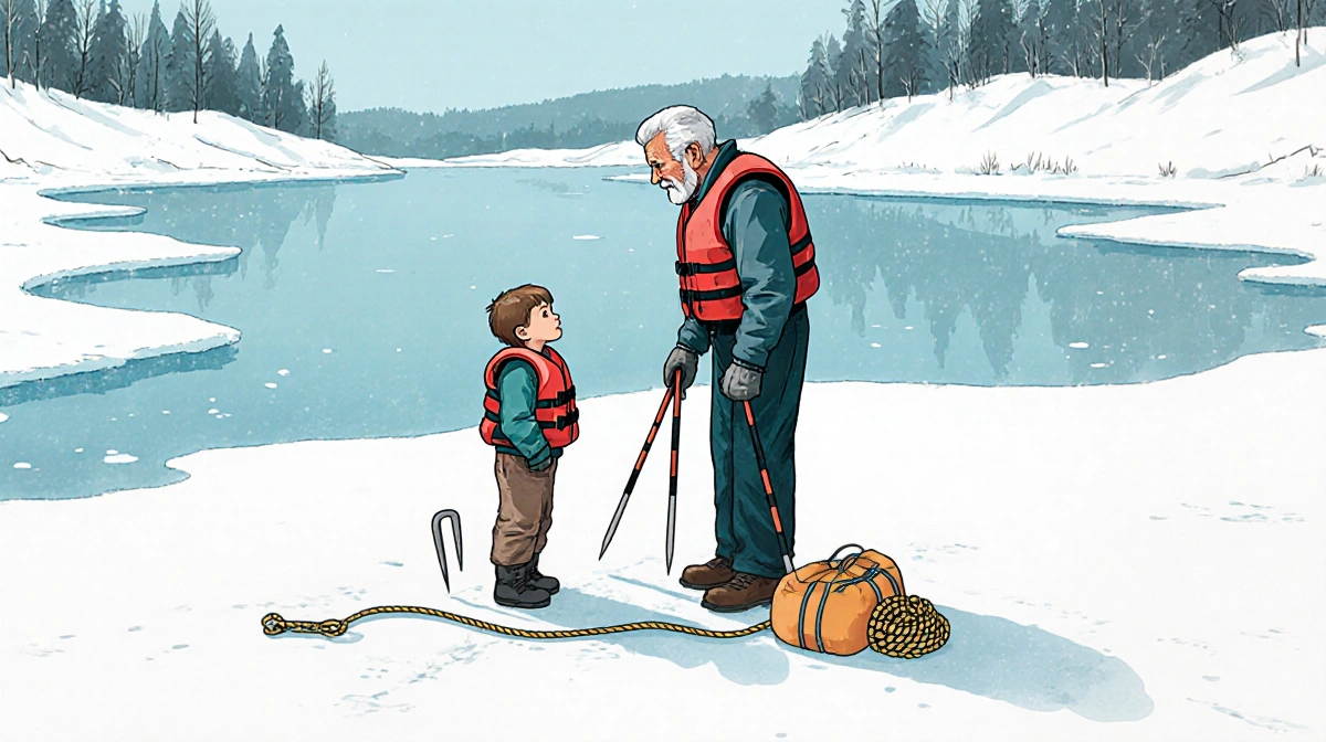 Young boy stands on frozen lake with adults holding ice picks and life jackets showing ice fishing safety