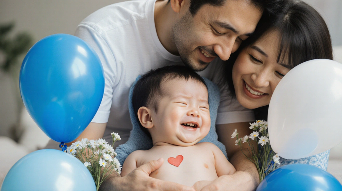 Toddler boy lies peacefully with blue and white balloons and flowers while parents hold him with love