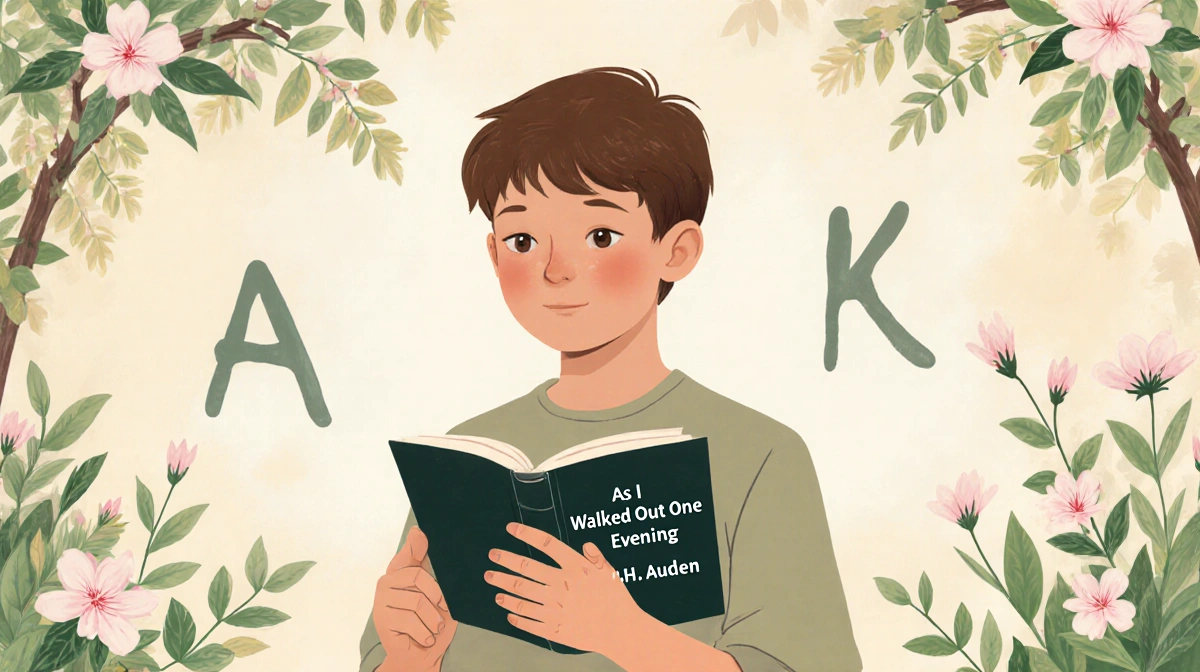 Boy reading Auden book with flowers showing alphabet patterns and warm natural lighting