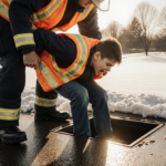 Young boy being rescued from drainage pipe by two firefighters with snowy golf course and warm sunlight.