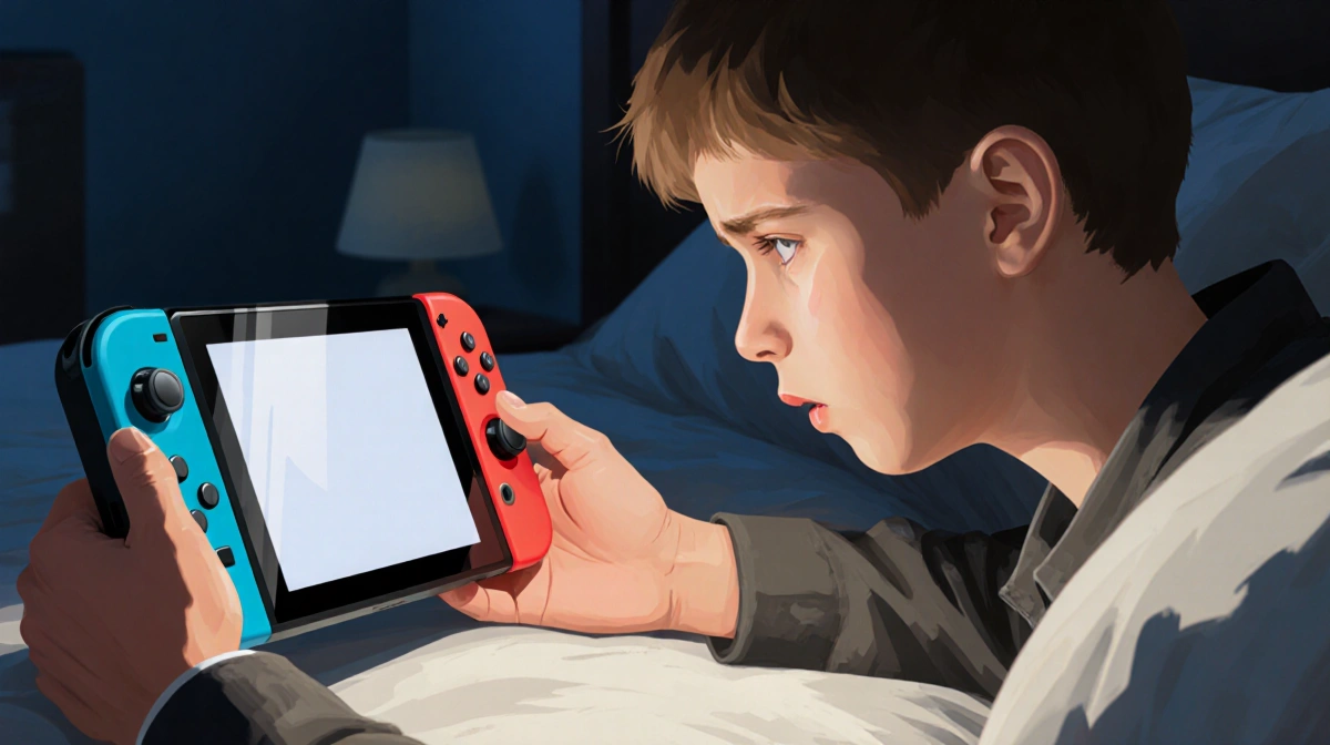 Upset boy staring at Nintendo Switch with father's hand holding console in bedroom at night