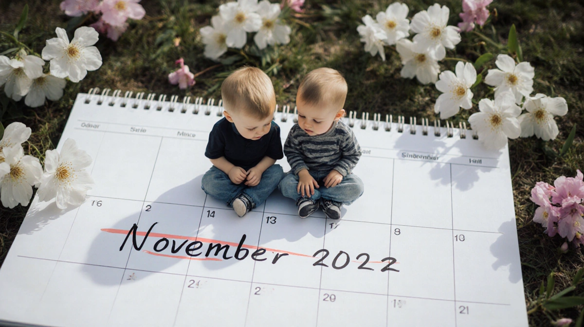 Two boys sitting on November 2022 calendar with spring flowers showing timeline of abuse allegations