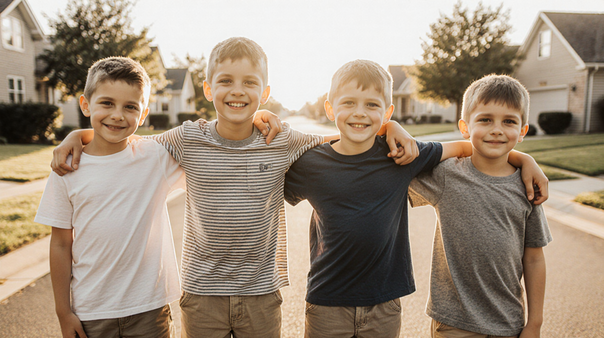 Four boys holding hands in a human chain with warm light and suburban background