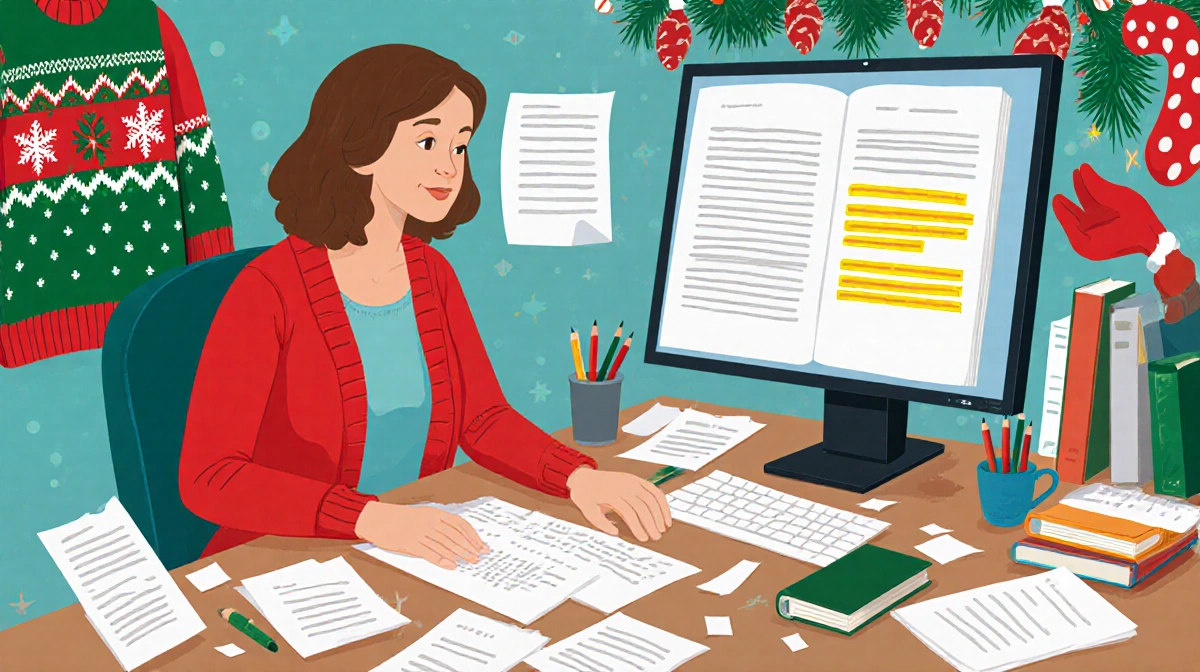 Bracey editing her manuscript on laptop with Christmas decorations and scattered papers showing her creative writing process