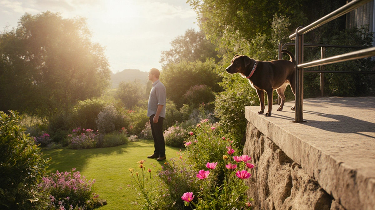 Dog perched on cliff edge looking down with owner holding railing and garden below