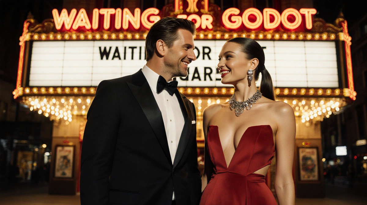 Bradley Cooper and Gigi Hadid holding hands with matching formal attire and Broadway theater marquee showing behind them