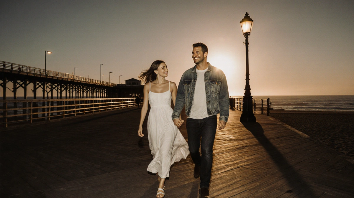 Bradley Cooper and Gigi Hadid walking hand in hand on Santa Monica pier at sunset with golden light and vintage streetlamp