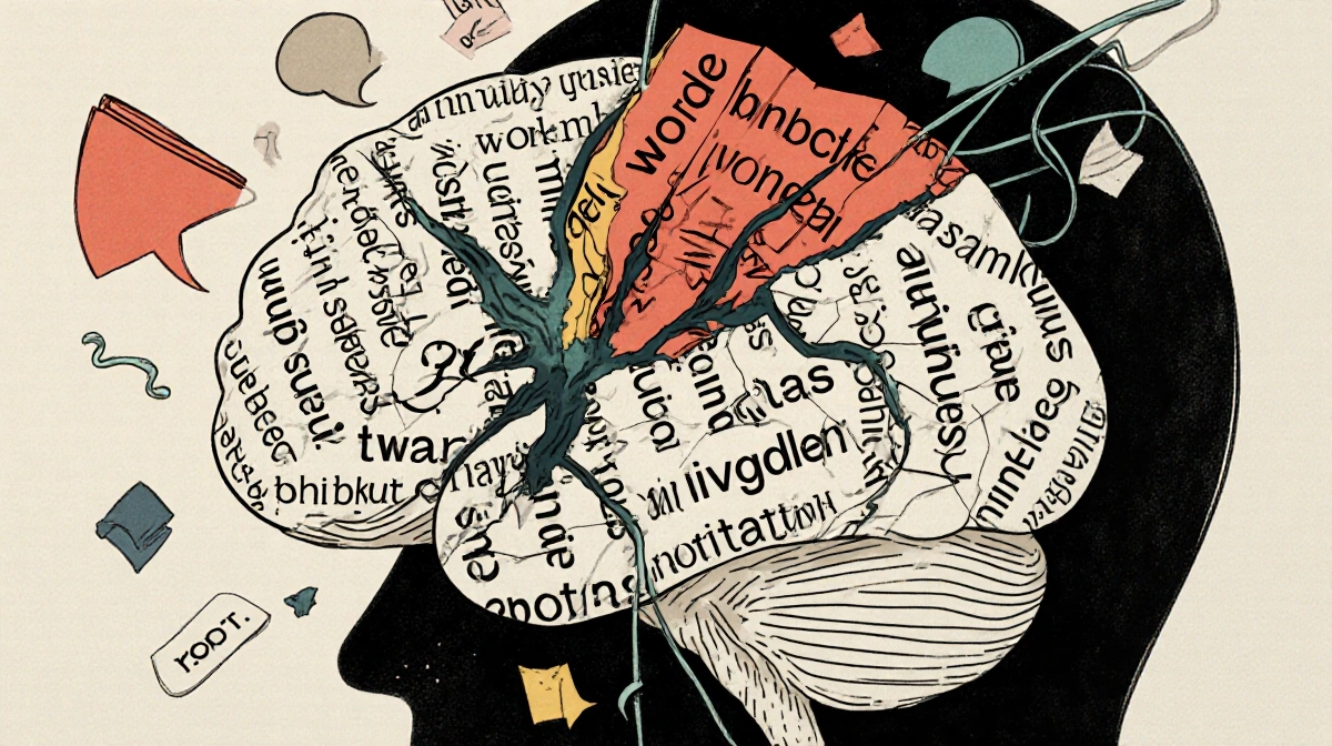 Brain illustrating stroke damage with cracked hemisphere and scattered scribbled words showing language disruption.