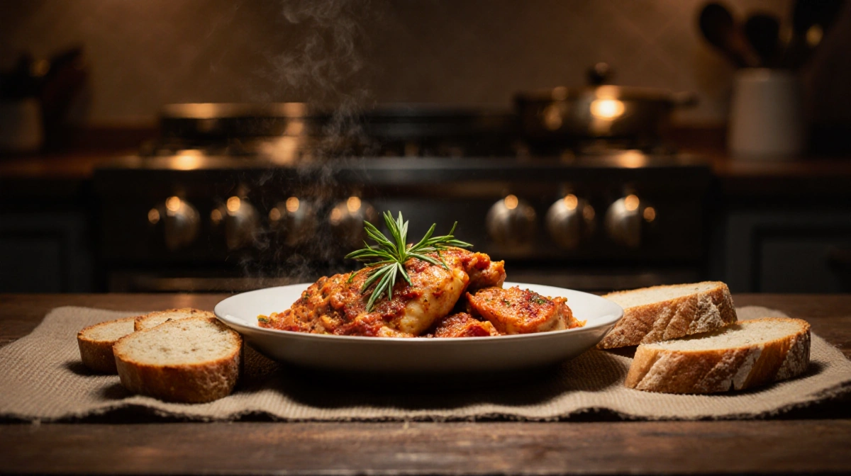 Braised chicken pizzaiola garnished with fresh herbs sits on kitchen table with crusty bread slices and warm lighting
