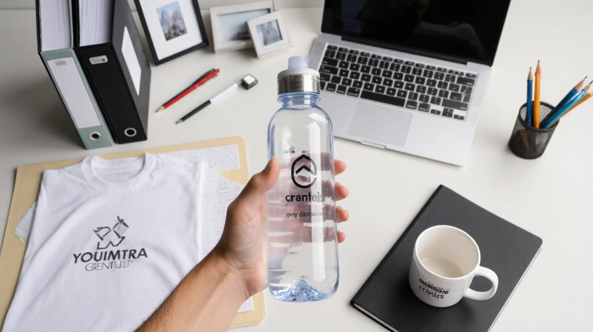 Person holding branded water bottle with laptop and custom mug on tidy desk