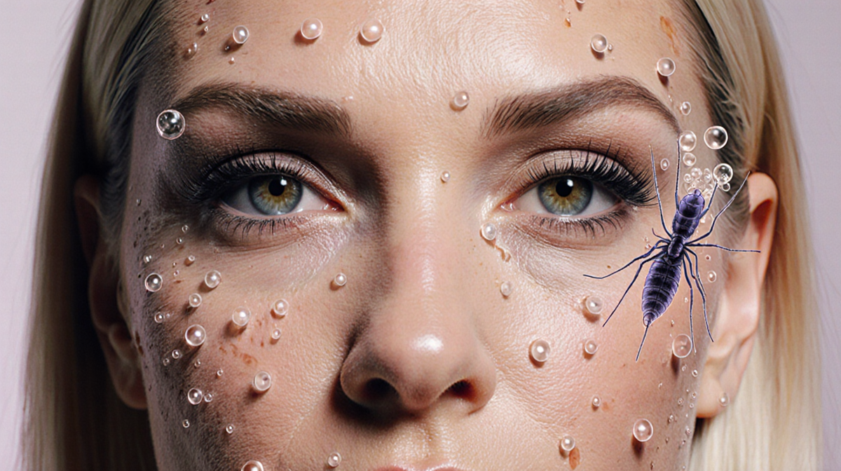 Brandi Glanville showing bubbles and a translucent parasite beneath her skin with a soft muted background.