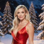 Brandi Glanville stands confidently in a fitted red gown with snow‑covered trees and twinkling lights behind her.
