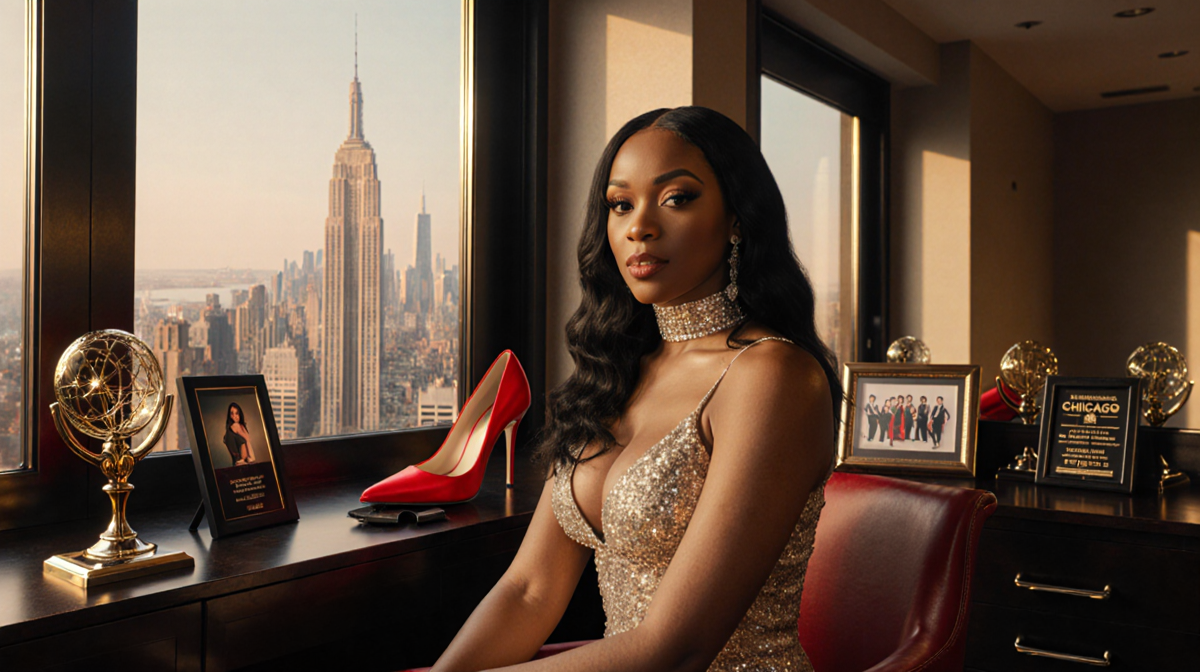 Brandy Norwood sitting as Moesha with a dressing room and a city skyline background surrounded by awards and a torn red heel