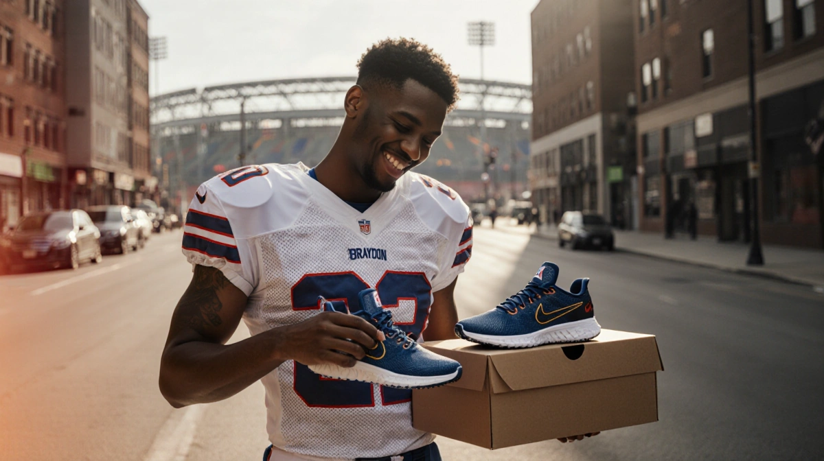 Young athlete in football jersey checking sneakers with stadium blurred behind him