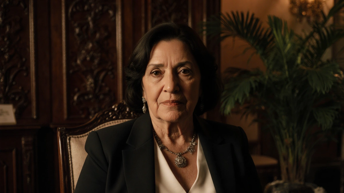 Brazilian woman sits with determination showing BDSM accessories and tropical luxury living room behind