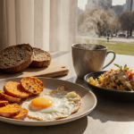 Breakfast table set with whole grain bread and poached eggs in creamy sauce under golden light