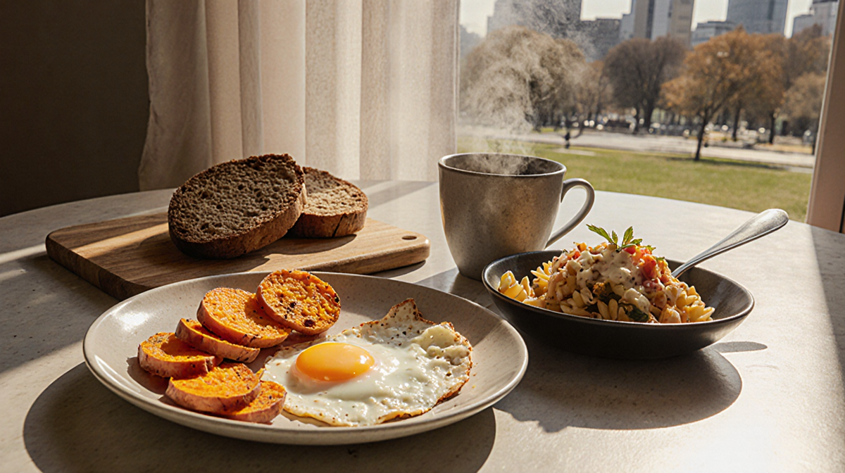 Breakfast table set with whole grain bread and poached eggs in creamy sauce under golden light