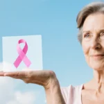 Woman in her forties extending arm with a breast cancer awareness ribbon under a soft blue sky, radiating hope and resilience