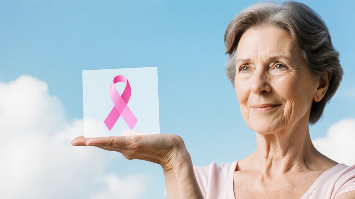 Woman in her forties extending arm with a breast cancer awareness ribbon under a soft blue sky, radiating hope and resilience