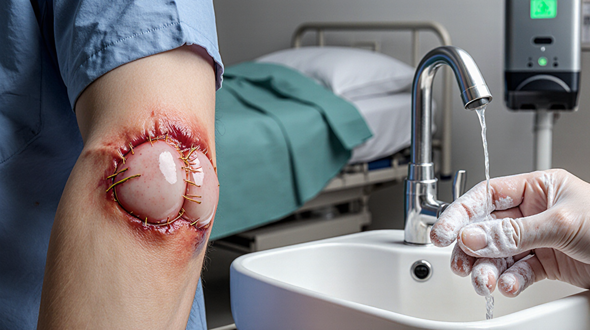 Person's arm reaching for soap dispenser with breast implant scar near hospital bed and pain evident