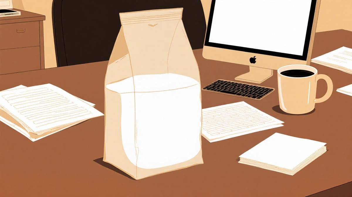 Brontë working at desk with partially opened breast milk bag and coffee showing professional workspace