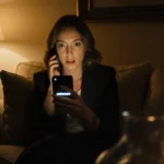 Bree looking shocked at phone with knocked-over vase and golden glow in upscale living room