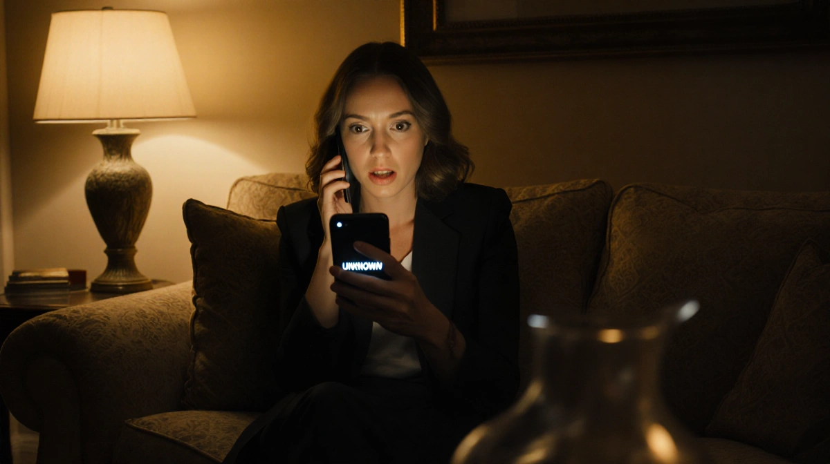 Bree looking shocked at phone with knocked-over vase and golden glow in upscale living room