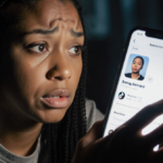 Woman staring at smartphone screen with bright TikTok glow and harsh spotlight illuminating her shocked face against blurred