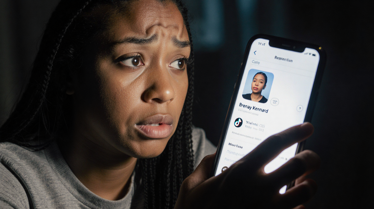 Woman staring at smartphone screen with bright TikTok glow and harsh spotlight illuminating her shocked face against blurred