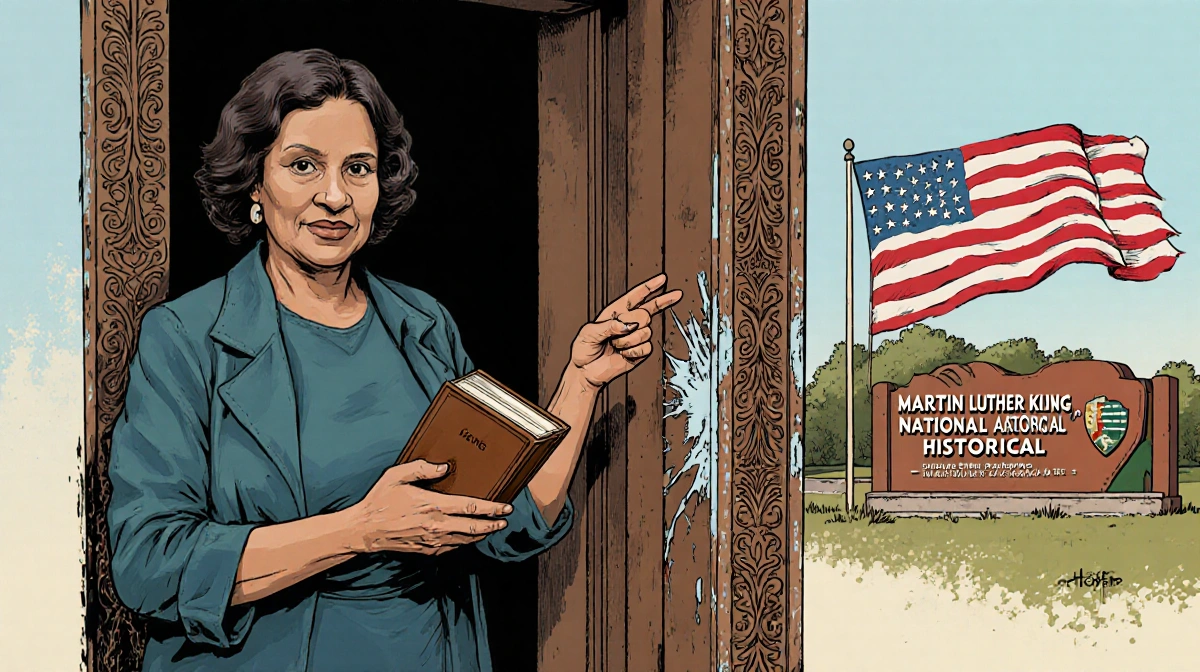 Brenda Hafera stands before a weathered historic door with an American flag waving behind her while holding King's speech and