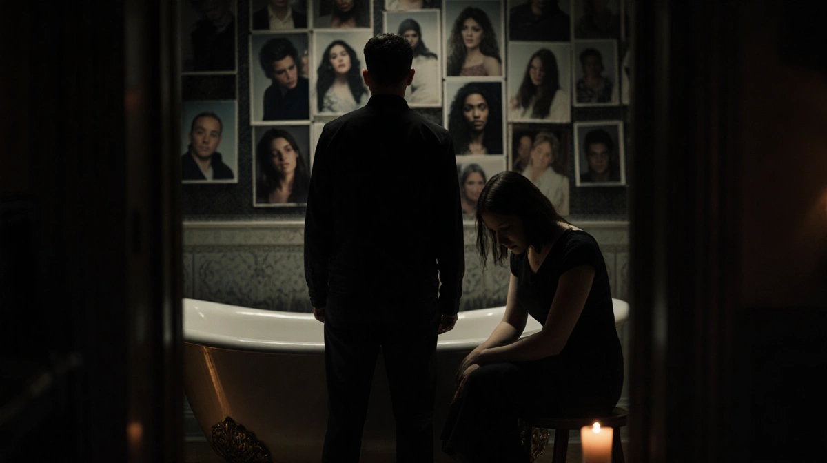 Brendan Banfield stands before a lit bathtub with au pair on a stool and blurred Instagram photos.