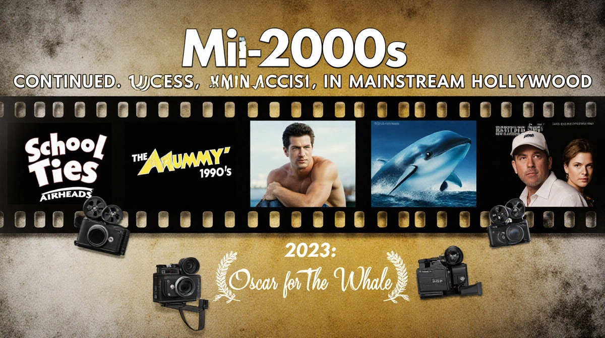 Collage of film reels shows Brendan Fraser titles like The Mummy and Rental Family with Hollywood gold silver and Oscar win