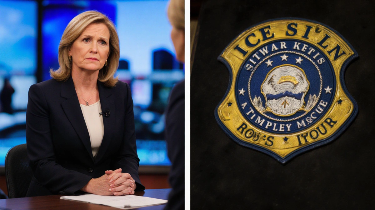 Brennan faces Kristi Noem in split screen with ICE badge on desk and news broadcast behind them
