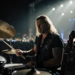 Bret Michaels drumming with frustrated expression and broken instruments under spotlight near concert venue