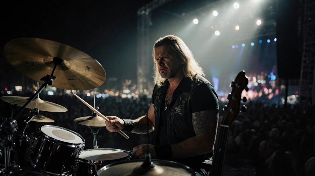 Bret Michaels drumming with frustrated expression and broken instruments under spotlight near concert venue
