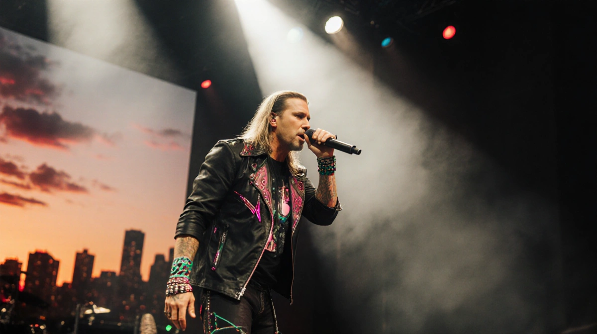 Bret Michaels performing live on stage with microphone and spotlight with neon accents and sunset cityscape behind