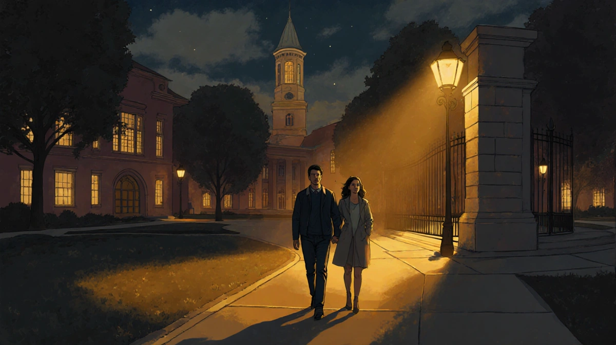 Brett and Hannah Chody walk hand in hand through their alma mater campus at night with warm golden lighting illuminating hist