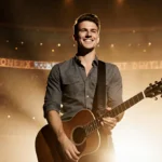Brett Young performing on stage with guitar and golden Ryman Auditorium lights behind him