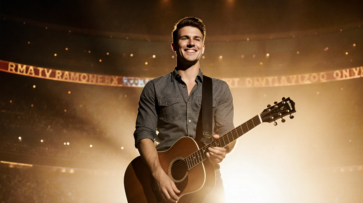 Brett Young performing on stage with guitar and golden Ryman Auditorium lights behind him