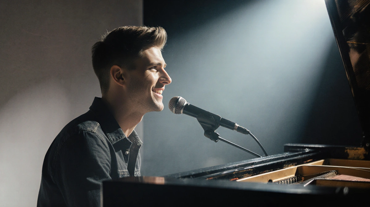 Brett Young performing at piano with microphone and warm spotlight showing intimate connection with audience