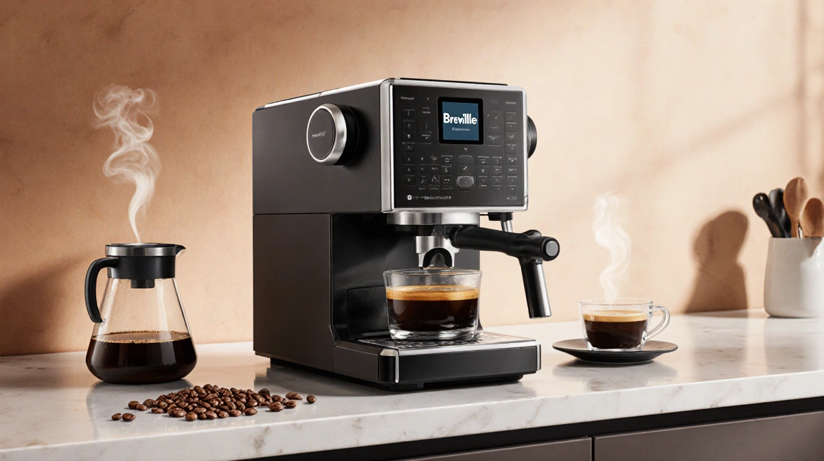 Breville Barista Express Impress espresso machine brews coffee with beans and steaming pitcher on modern kitchen counter