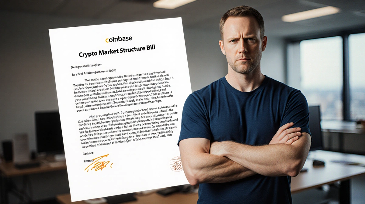 Brian Armstrong reviewing crypto legislation draft with crossed arms and marked-up document on desk