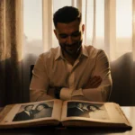 Brian Austin Green sits alone in coffee shop with open photo album showing old Beverly Hills 90210 picture