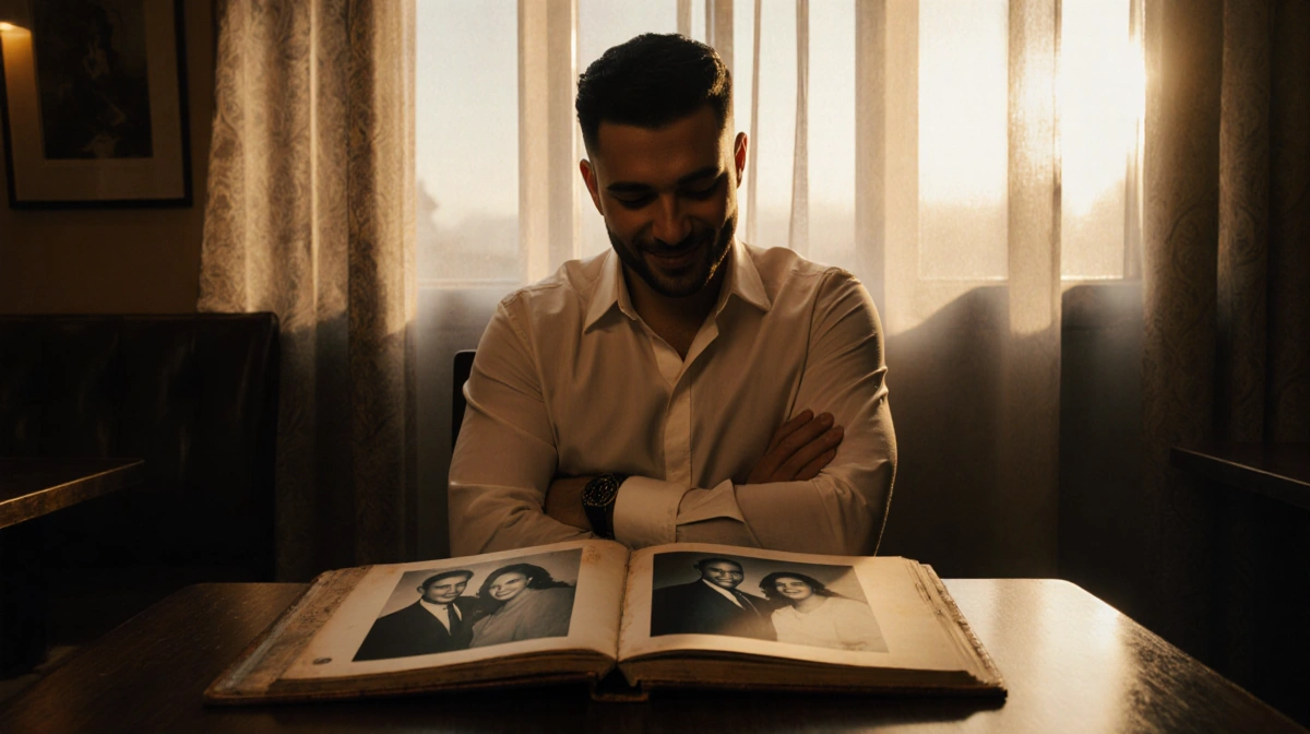 Brian Austin Green sits alone in coffee shop with open photo album showing old Beverly Hills 90210 picture