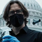 Brian Cole holding disinfectant bottle with black mask gloves Capitol building background with pipe bomb outline blue light