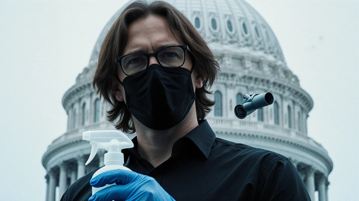 Brian Cole holding disinfectant bottle with black mask gloves Capitol building background with pipe bomb outline blue light