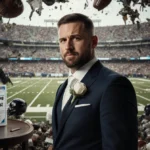 Brian Winters stands in wedding attire with football gear scattered around him and drug test kit in hand