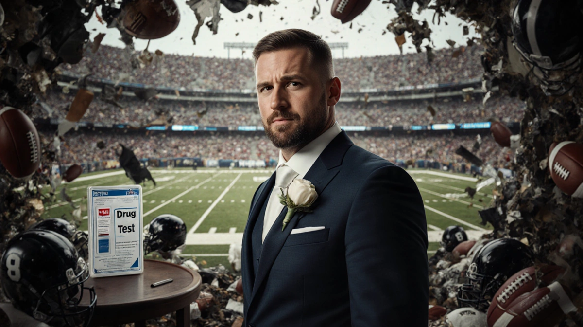 Brian Winters stands in wedding attire with football gear scattered around him and drug test kit in hand