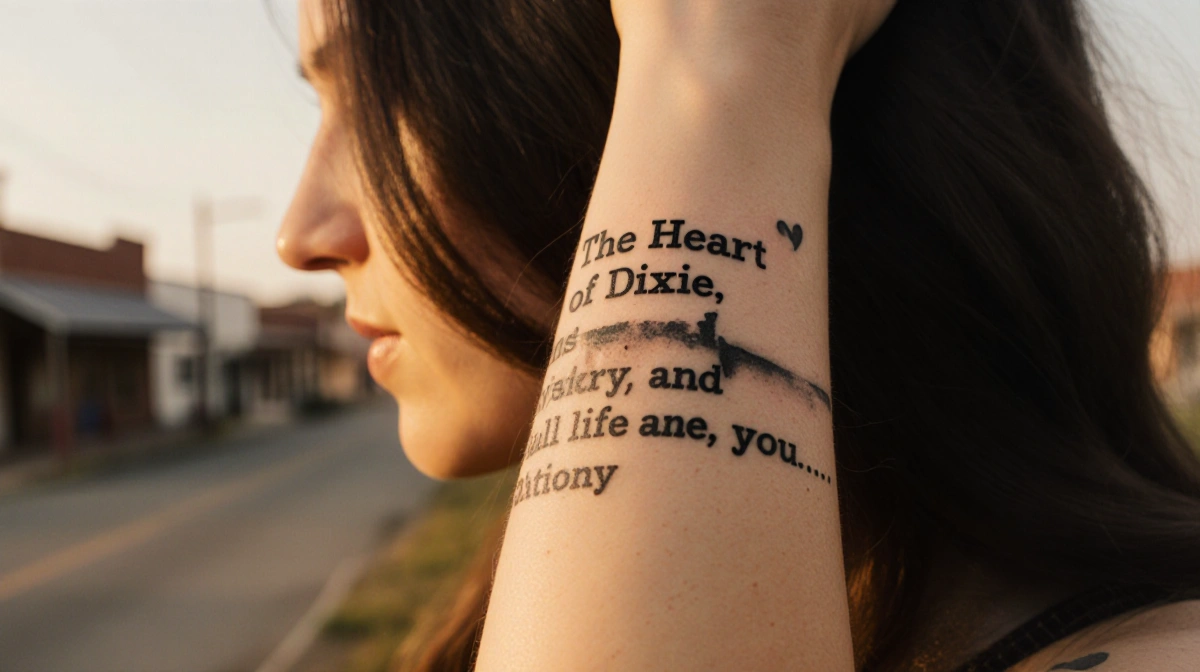 Brianna shows faded Heart of Dixie tattoo on forearm with golden sunset and blurred rural town behind